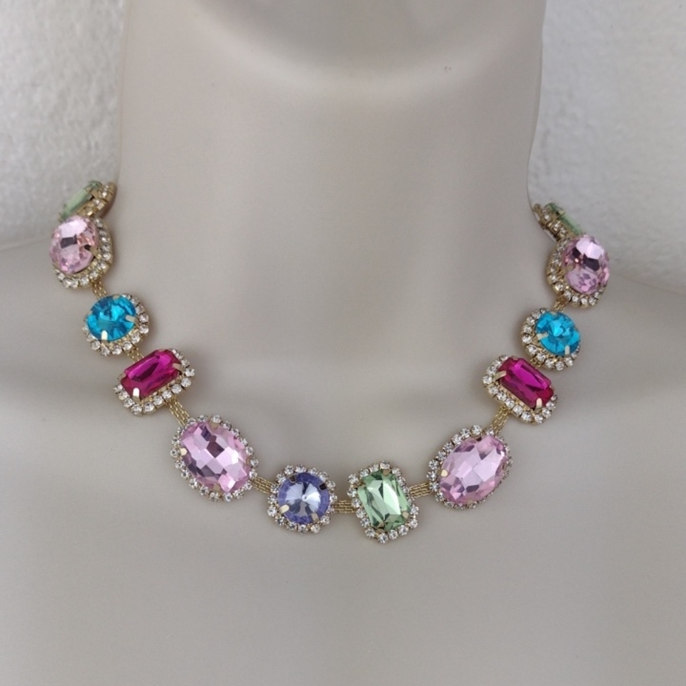 Multicolor Sparkly Faceted Rhinestone Framed Crystal Princess Gold Tone Necklace